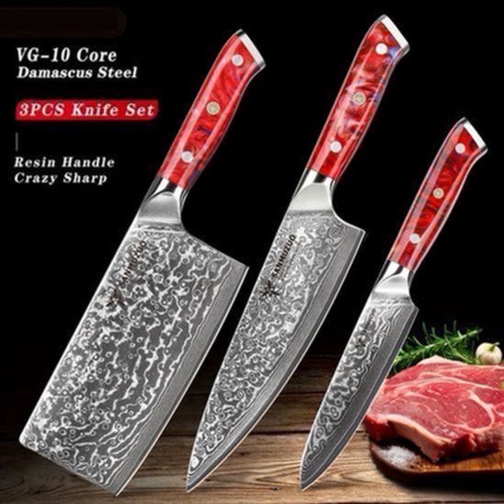 Set de 3 cutite de bucatarie Corenia QRE-2072493, VG10 otel Damasc, lame netede full-tang, maner din rasina, rosu (cutit chef, satar, cutit utilitar)