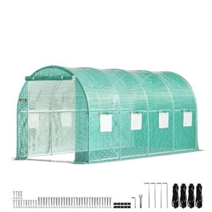 Sera tunel Corenia QRE-2073150, cadru din otel galvanizat, folie PE 140 g/m², rezistenta la apa, 6 ferestre cu plasa, usa cu fermoar, verde, 3 x 2,1 x 2,1 m