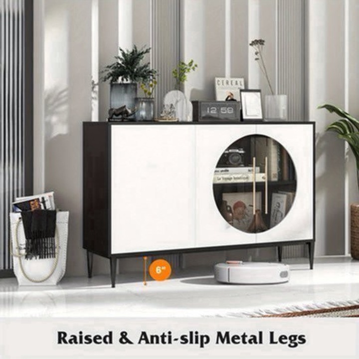 Bufet Corenia QRE-2073540, din MDF cu usi din sticla calita, 2 rafturi reglabile, picioare metalice inalte 15 cm, inchidere soft si sistem anti-rasturnare, negru/alb, 119 x 35 x 80 cm