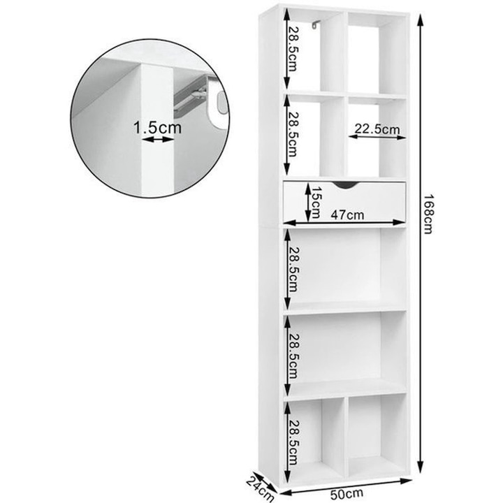 Biblioteca Corenia QRE-2073053, 6 compartimente si 1 sertar, din PAL E1, alb, 50 x 24 x 168 cm