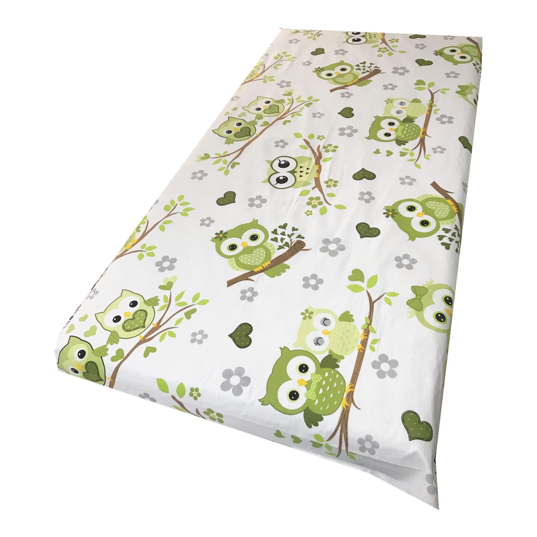 Cearsaf cu elastic pe colt pentru saltea bebelusi 140x70 cm Deseda Bufnite cu verde
