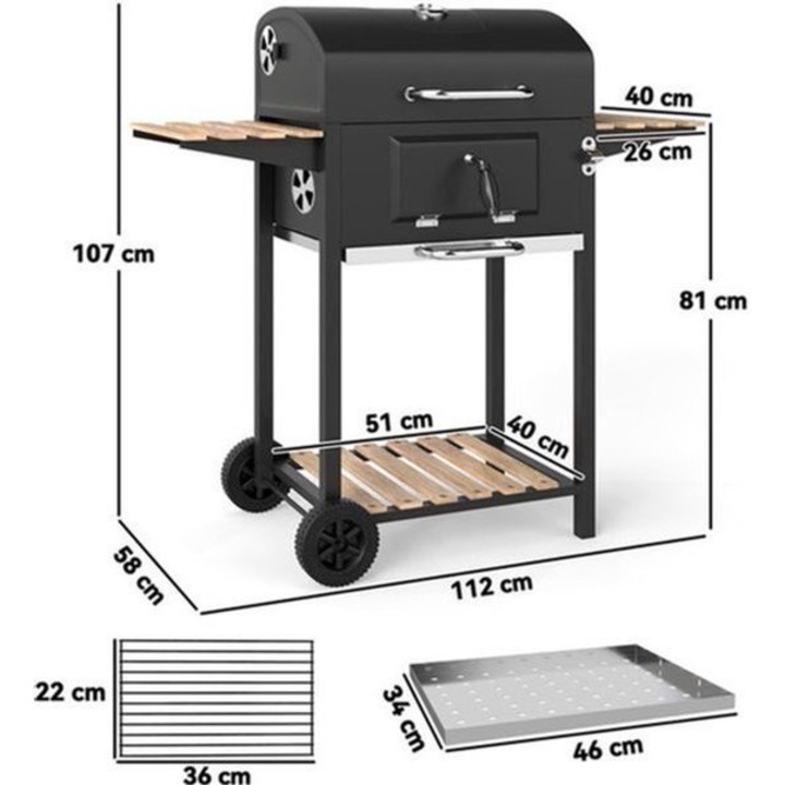 Gratar pe carbune Corenia QRE-2073782, cu capac si termometru incorporat, grilaj reglabil pe 3 nivele, mese laterale si raft inferior, roti si tava de cenusa detasabila, negru, 112 x 58 x 107 cm