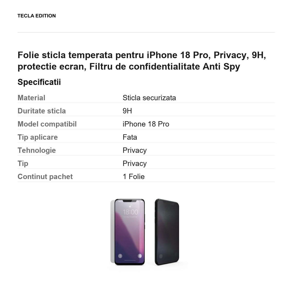 Folie sticla temperata pentru iPhone 18 Pro, Privacy, 9H, protectie ecran, Filtru de confidentialitate Anti Spy