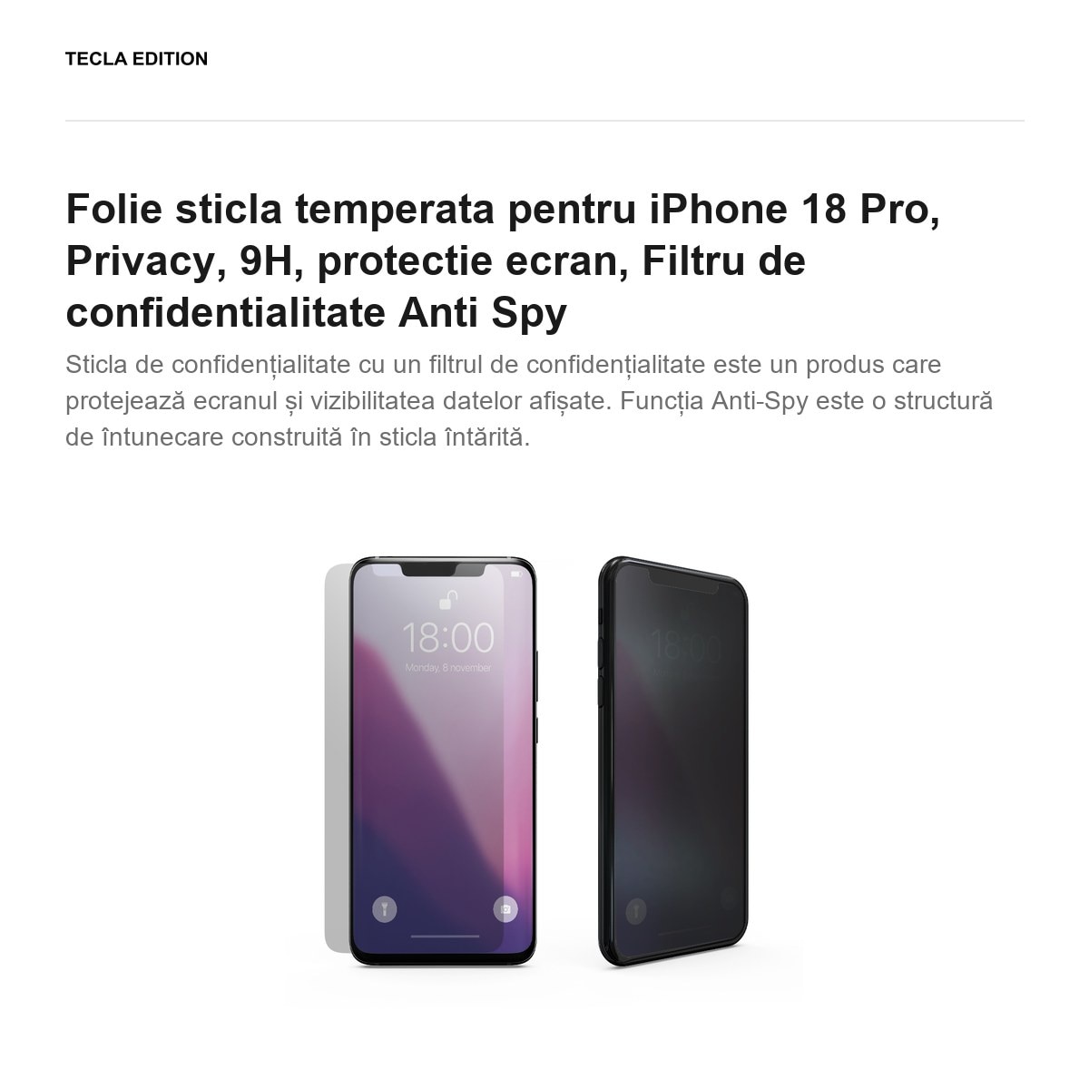 Folie sticla temperata pentru iPhone 18 Pro, Privacy, 9H, protectie ecran, Filtru de confidentialitate Anti Spy