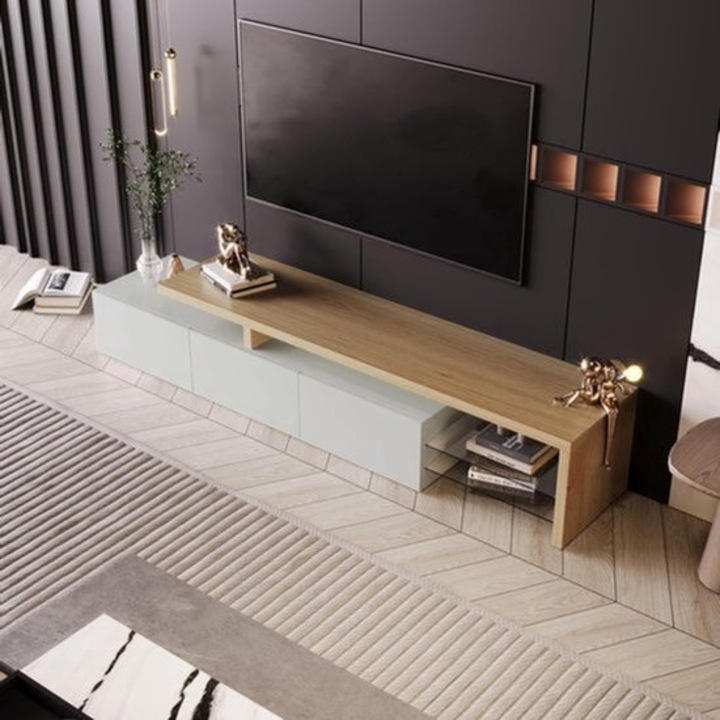 Comoda TV Corenia QRE-2074491, 3 usi inchise, 2 rafturi din sticla, LED multicolor integrat, alb/natural, 200 cm