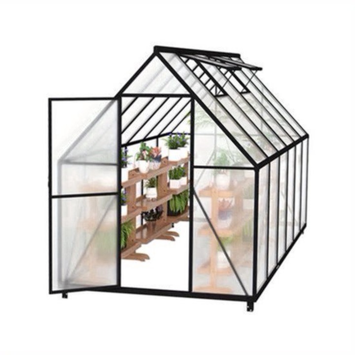 Sera Corenia QRE-2074542, cadru din aluminiu 0,8-0,9 mm, fundatie din otel zincat, panouri din policarbonat 4 mm, usa culisanta si geam de acoperis, negru/transparent, 340 x 180 x 195 cm