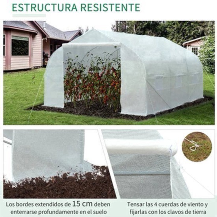 Sera de gradina Corenia QRE-2075098, cadru metalic, husa rezistenta la UV si impermeabila, plasa anti-tantari, usa cu fermoar, alb translucid, 450 x 300 x 200 cm