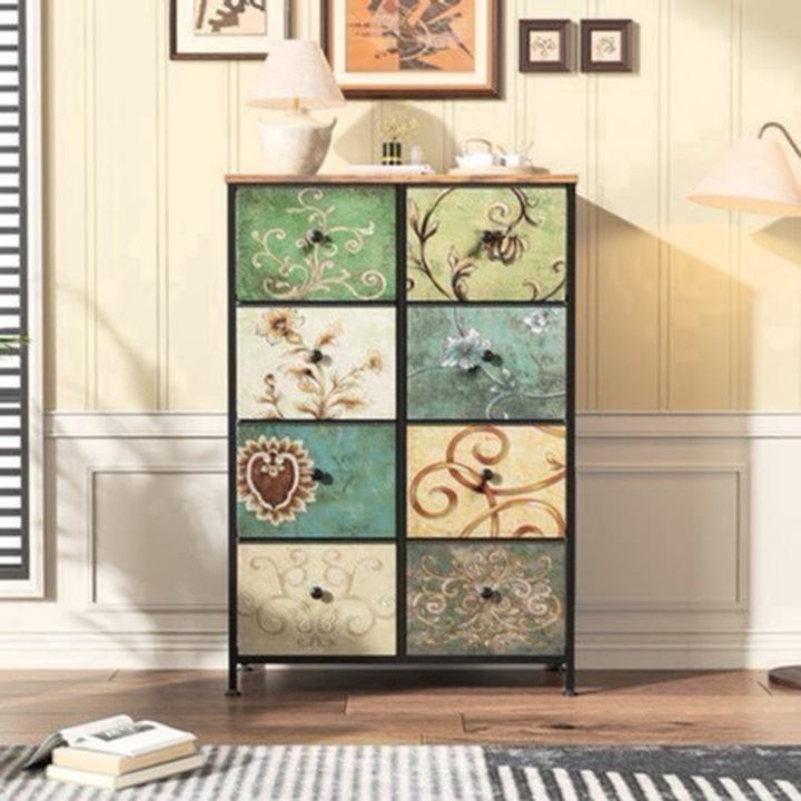 Comoda cu 8 sertare Corenia QRE-2075074, cadru metalic, blat din lemn MDF natur, fronturi decorative multicolore, picioare reglabile