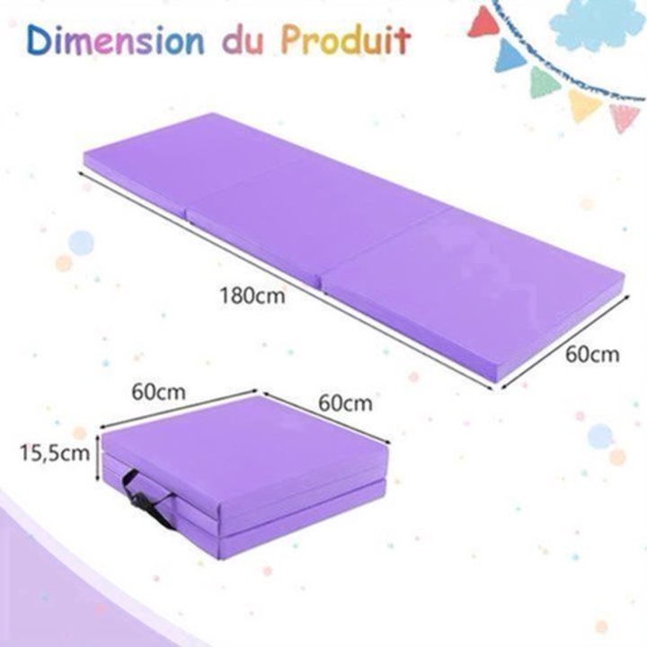 Saltea de antrenament Corenia QRE-2107188, pliabila din spuma groasa cu invelis din piele ecologica, mov, 180 x 60 cm (pliata 60 x 60 x 15,5 cm)