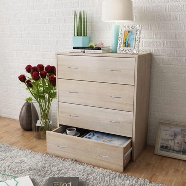 Comoda cu 4 sertare Corenia QRE-2074753, compacta din material placat, culoare stejar natural, 60 x 30,5 x 71 cm