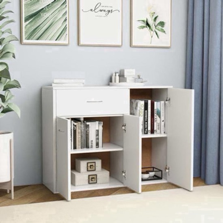 Comoda de depozitare Corenia QRE-2075378, 1 sertar si 2 usi cu rafturi, alb, 88x30x70 cm, lemn masiv si PAL