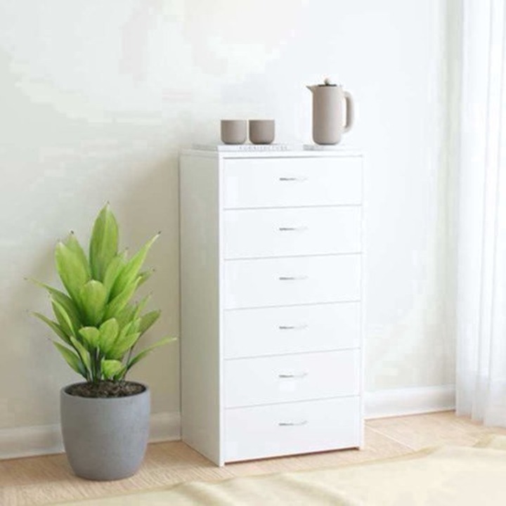 Comoda cu 6 sertare Corenia QRE-2075411, din lemn si MDF, compacta 50 x 34 x 96 cm, alb