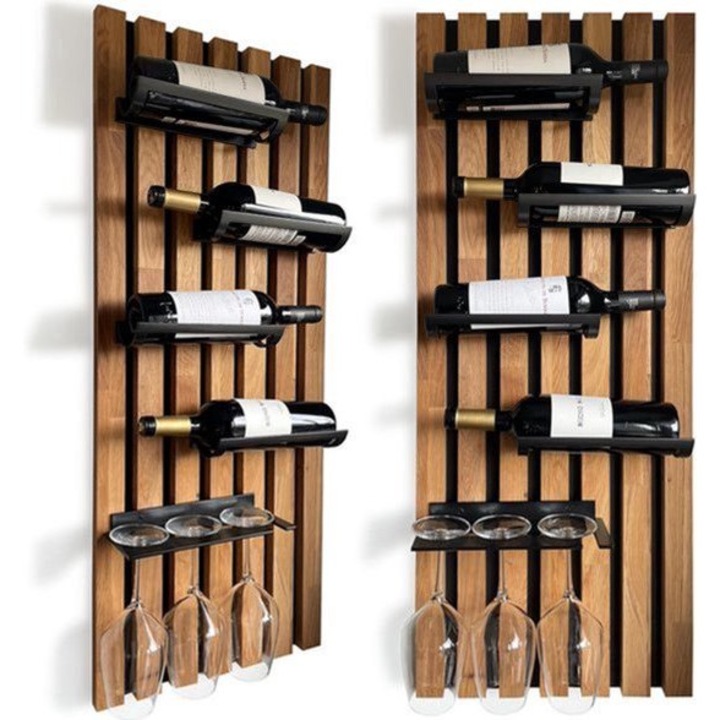 Suport de perete pentru sticle de vin Corenia QRE-2075756, stejar (uleiat) cu aluminiu negru, maro/negru, pentru 4 sticle si 4 pahare, 98 x 40 cm