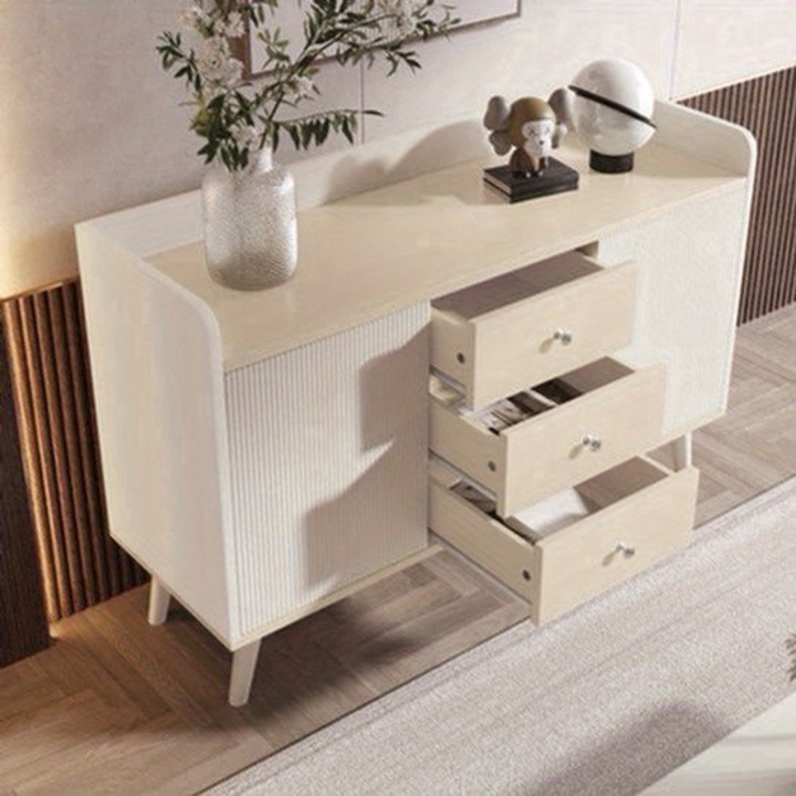 Bufet Corenia QRE-2075832, 3 sertare + compartimente deschise, finisaj aspect lemn, fronturi MDF albe, lemn deschis/alb, latime 117,5 cm