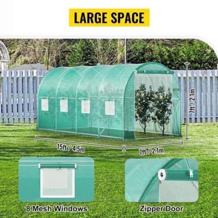 Sera tunel Corenia VV-TG-12107WIT, cadru din otel galvanizat, prelata PE 140 g/cm³, 12 ferestre plasa, usa cu fermoar, Alb, 6,1 x 3 x 2,1 m (20x10x7 ft)