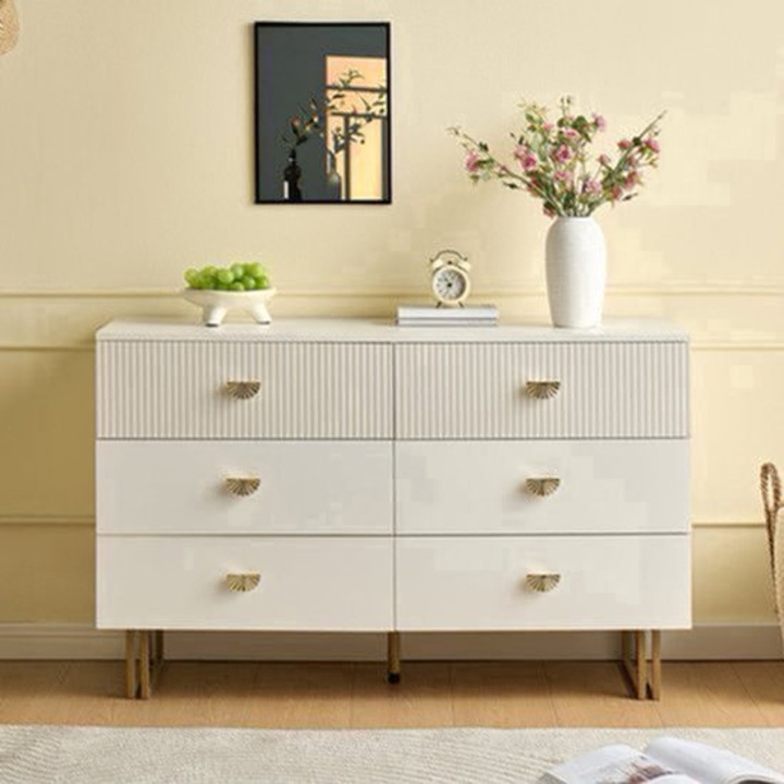 Comoda Corenia QRE-2076169, 6 sertare, MDF si otel, design modern cu accente aurii, alb, 120 x 40 x 75 cm