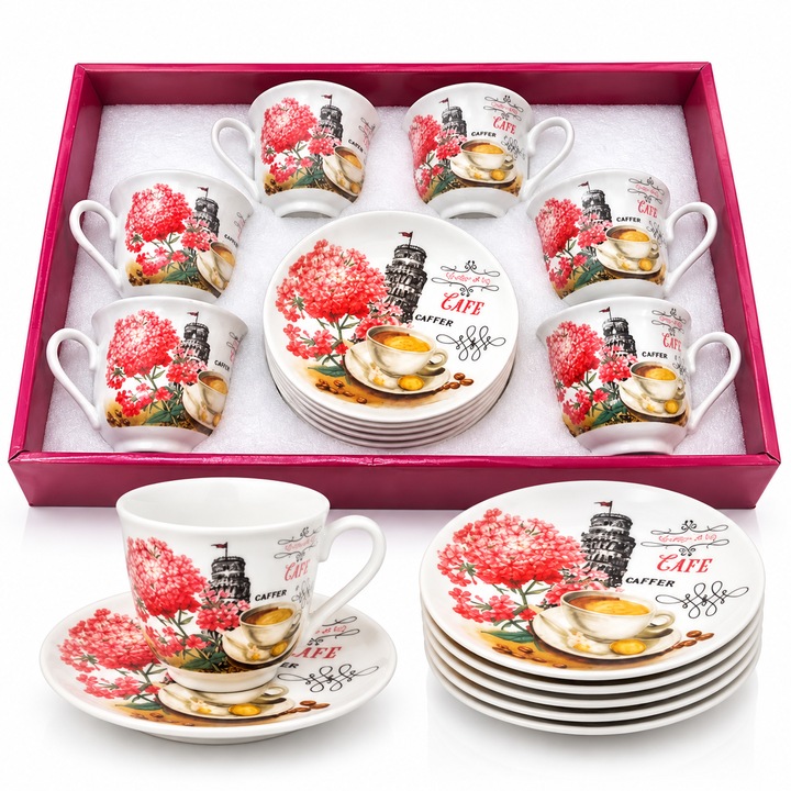 Set 12 Piese Cani cu Farfurii, 6 Cani si 6 Farfurii, Model Floral, Ceramica, Alb