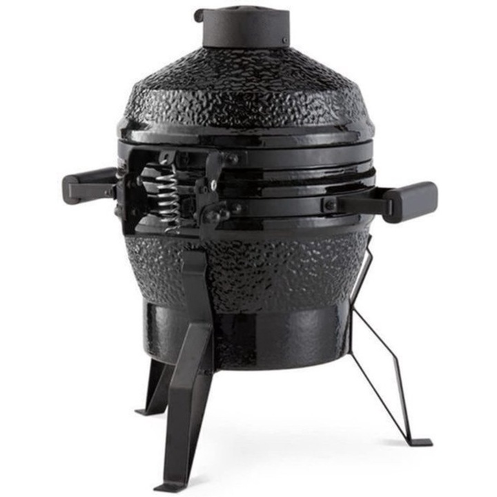 Gratar Kamado Corenia QRE-2076666, ceramic portelanat, grilaj reglabil din otel inoxidabil, diametru 33 cm, multifunctional grill/afumare/cuptor, negru mat, 46.5 x 48 x 56 cm