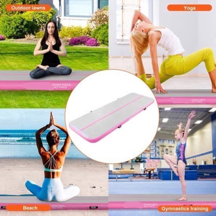 Saltea de gimnastica gonflabila Corenia QRE-2076737, PVC 4 inch AirTrack, 13 ft x 3.3 ft, roz, cu pompa electrica 600W si set reparatii
