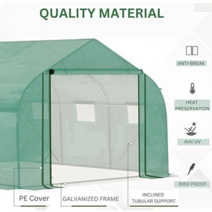 Sera Corenia QRE-2076442, folie PE cu cadru galvanizat, usa 170x173 cm si 6 ferestre 46x36 cm, verde, 347x300x200 cm