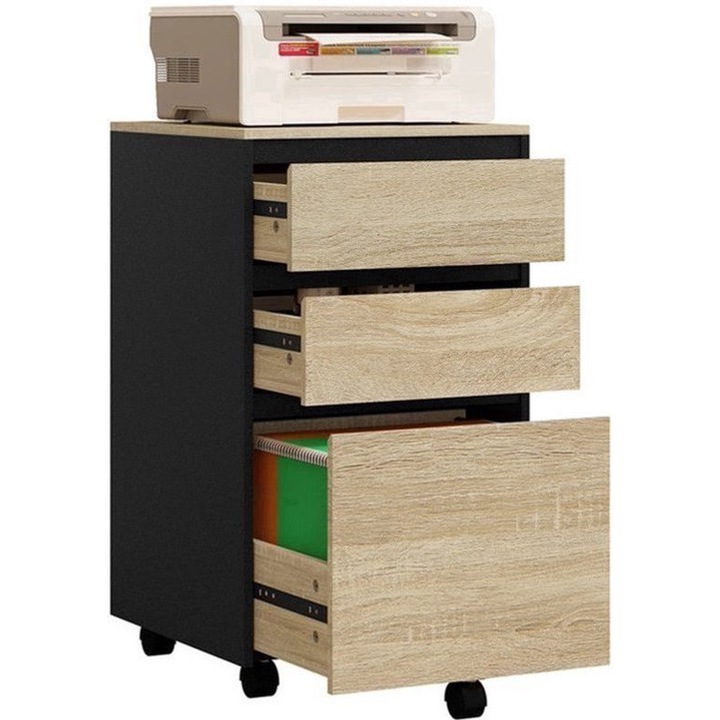 Dulap de arhivare mobil Corenia QRE-2076564 cu 3 sertare (1 pentru dosare suspendate), 5 roti (2 cu frana), lemn vintage/ negru, 40 x 70 x 40 cm