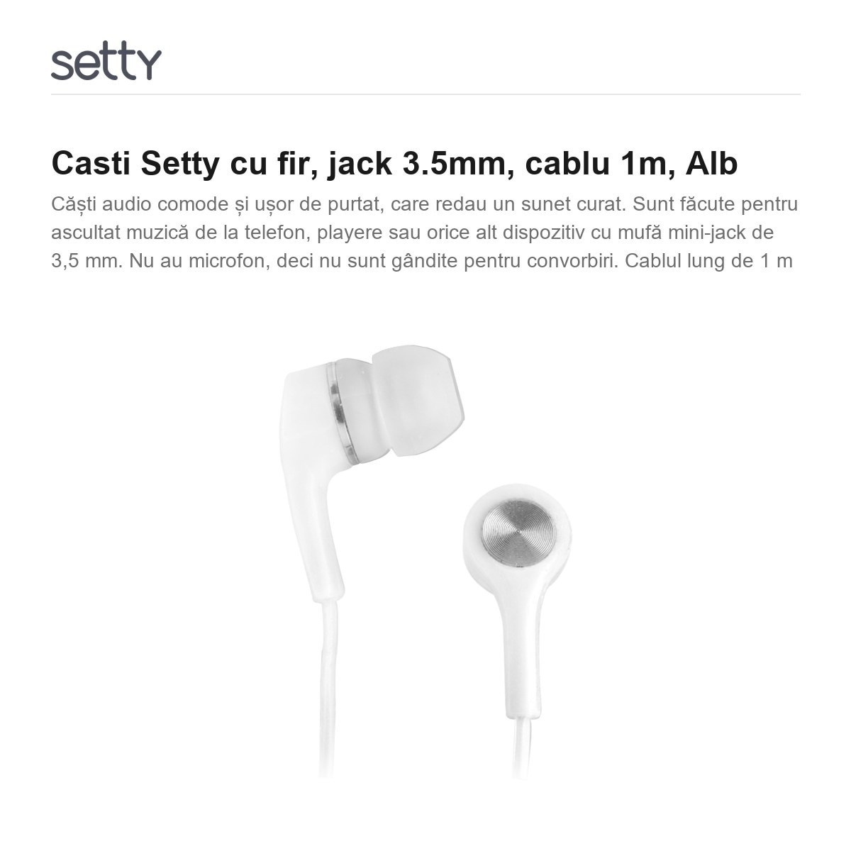 Casti Setty cu fir, jack 3.5mm, cablu 1m, Alb