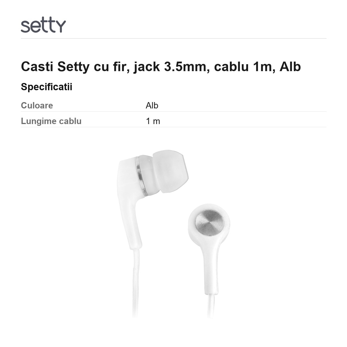 Casti Setty cu fir, jack 3.5mm, cablu 1m, Alb