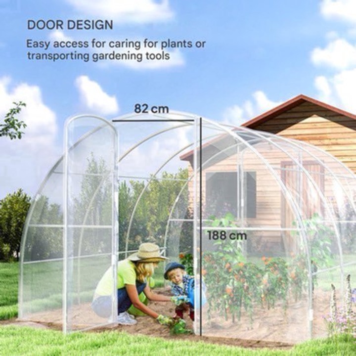 Sera tunel Corenia QRE-2077324, 3 x 3 m (295 x 295 x 195 cm), cadru din otel galvanizat O25 mm, copertina PE 150 g/m² rezistenta UV si impermeabila, usa 82 x 188 cm, transparent
