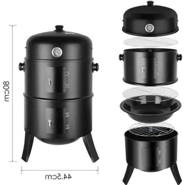 Smoker vertical pe carbuni Corenia QRE-2077644, 3-in-1 (grill, afumat, slow cook), O45 cm, inaltime 80 cm, 2 gratare, tava pentru apa si cuva pentru carbuni, termometru integrat, negru
