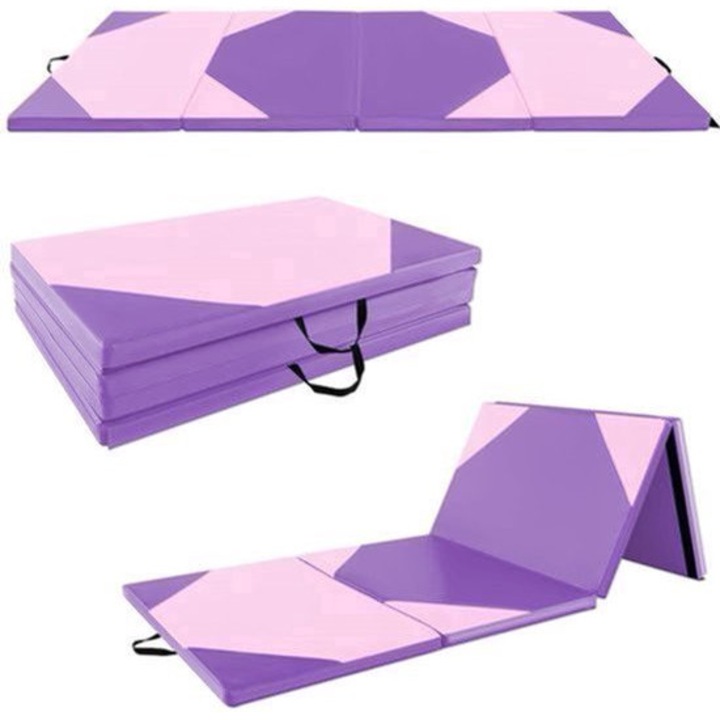 Saltea de yoga si gimnastica Corenia QRE-2077792, EPE 5 cm cu husa PU rezistenta la apa, pliabila 240 x 120 cm, roz