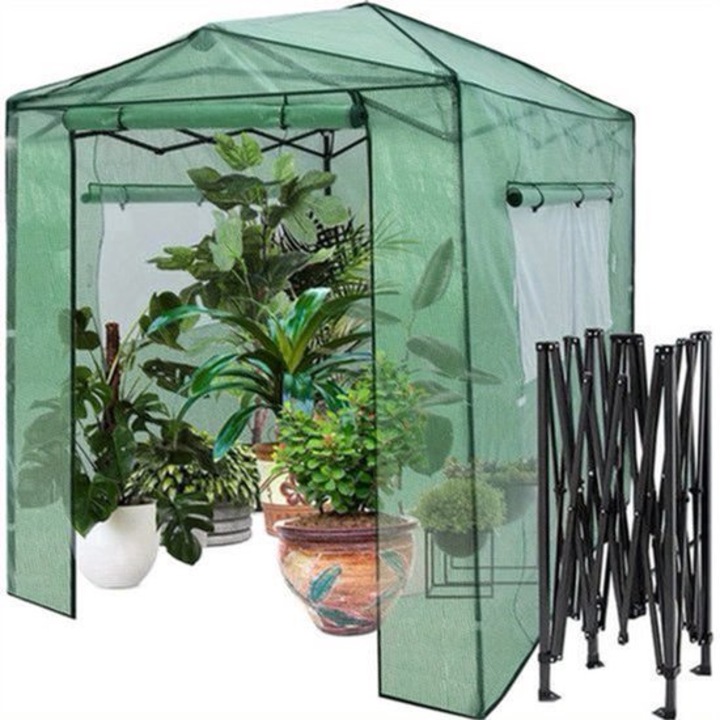 Sera portabila Corenia QRE-2077298, cadru metalic pliabil, husa PE rezistenta la apa, ferestre cu fermoare duble si ancore, verde, 240 x 180 x 210 cm