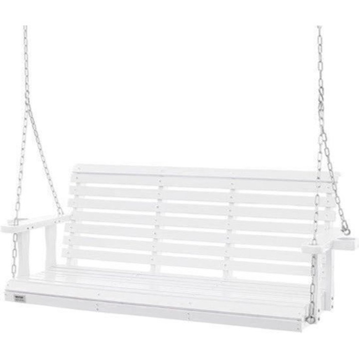 Banca leagan pentru exterior Corenia QRE-2077341, lemn masiv de pin, lanturi din otel galvanizat, finisaj PU rezistent la intemperii, capacitate 400 kg, alb, 170 x 71 x 60 cm