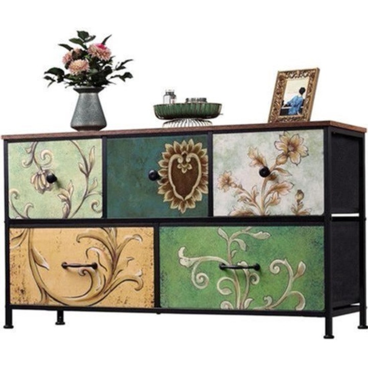 Comoda cu 5 sertare Corenia QRE-2077979, cadru metalic, blat din lemn masiv, sertare textile detasabile, multicolor, H 68 cm