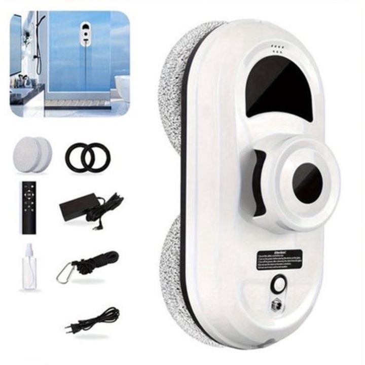 Robot curatare geamuri Corenia QRE-2078003, aspirare 5600Pa, navigatie inteligenta, telecomanda si sistem de siguranta, 100-240V, alb, include 10 lavete microfibra