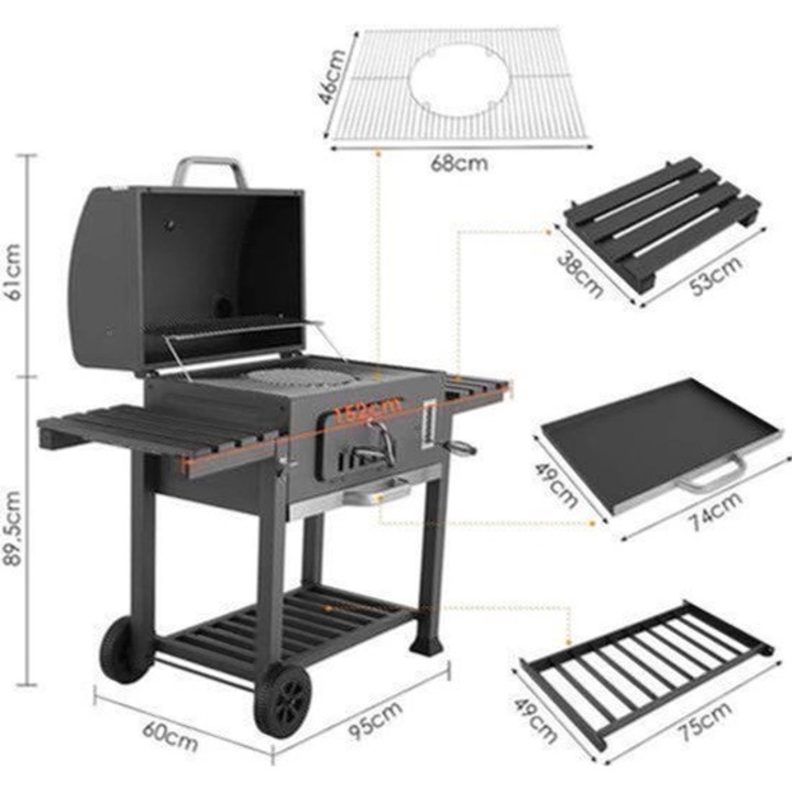 Gratar pe carbune Corenia QRE-2078214, extra mare cu sertar pentru carbuni, finisaj emailat portelanat, cadru din inox, 2 masute laterale pliante, cu roti, negru, 95x60x89.5 cm