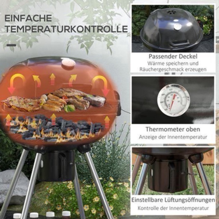 Grill cu jar Corenia QRE-2106536, bol O54 cm, termometru incorporat, tava de cenusa detasabila, raft pentru mentinere calda, negru, 55 x 65 x 89 cm