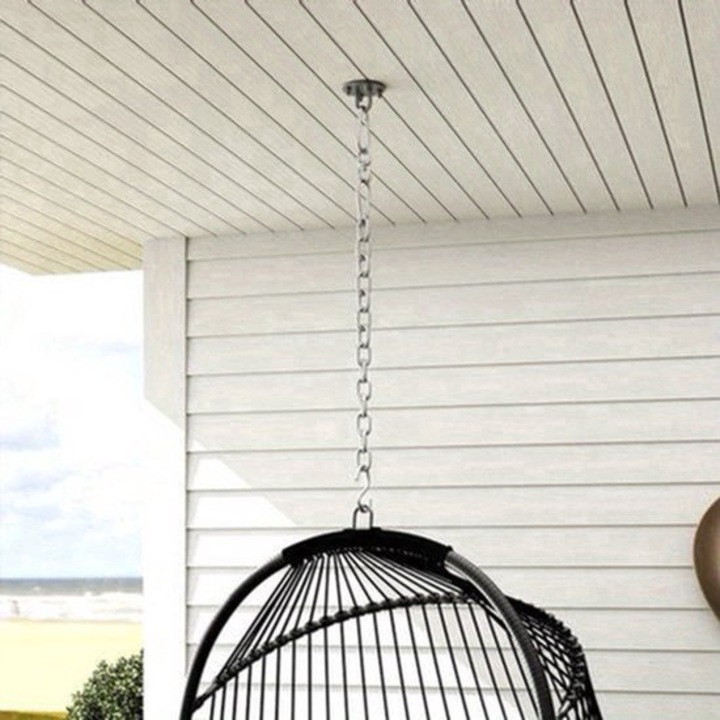 Fotoliu suspendat Corenia QRE-2078971, poly rattan, cadru metalic pliabil, perna detasabila din bumbac, capacitate 150 kg, gri inchis, pentru interior/exterior