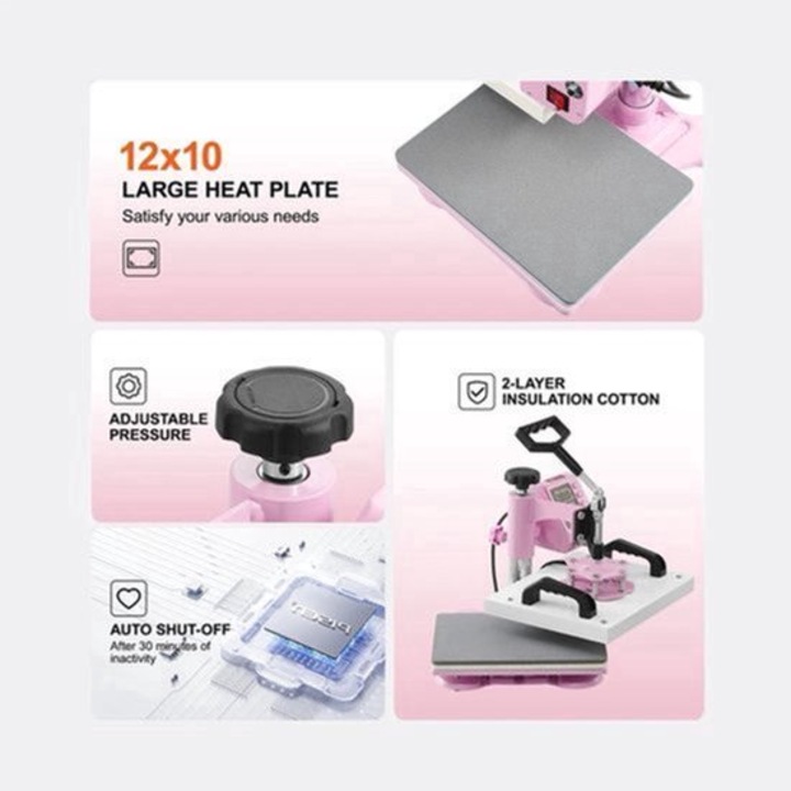 Presa termica Corenia QRE-2079005, placa 30×25 cm (12×10 inch), brat rotativ 360°, control digital LCD, temperatura 32–232°C, 700W/900W, roz