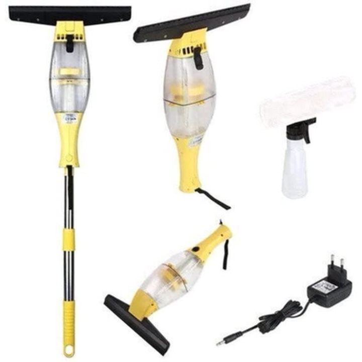 Aspirator de geamuri fara fir Corenia QRE-2079067, 10W, maner telescopic 44–75 cm, latime de aspirare 28 cm, rezervor 200 ml, baterie 1500 mAh (20–35 min), galben-negru, cu pulverizator si 2 lavete microfibra