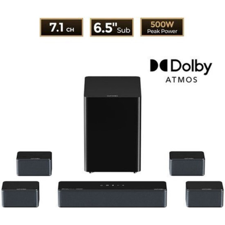 Bara de sunet 7.1 Corenia QRE-2079596, Dolby Atmos, subwoofer wireless 6,5 inch, 460 W, Bluetooth 5.3, HDMI eARC, control prin aplicatie, negru