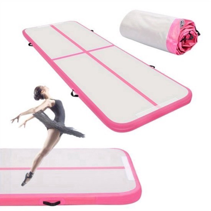 Saltea de gimnastica gonflabila Corenia QRE-2079739, PVC durabil rezistent la apa, 3 x 1 x 0,10 m, roz/alb