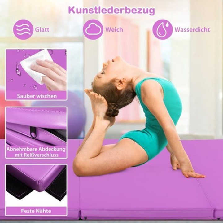 Saltea de gimnastica pliabila Corenia QRE-2079763, spuma densa extra groasa 5 cm, 4 segmente, husa din piele sintetica impermeabila, cu manere, violet