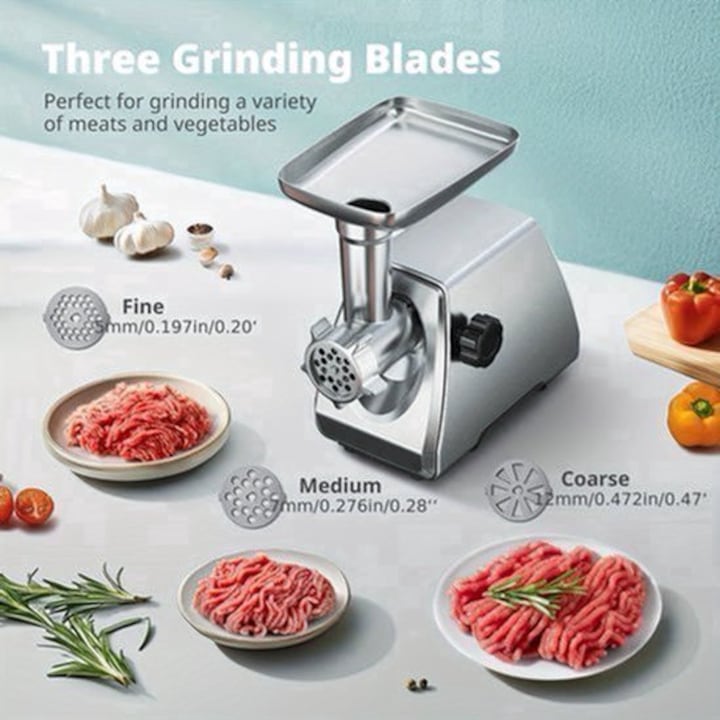 Masina de tocat carne electrica Corenia QRE-2079799, 3-in-1 (tocare, umplere carnati, accesoriu kubbe), inox 304, 3 site (fin/mediu/grosier), 2 cutite din inox, argintiu, 220-240V
