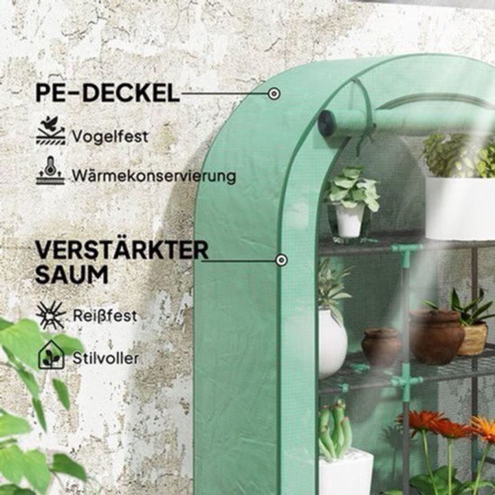 Sera Corenia QRE-2080608, 7 niveluri de rafturi, cadru din otel vopsit, husa transparenta din plastic UV-rezistent, verde