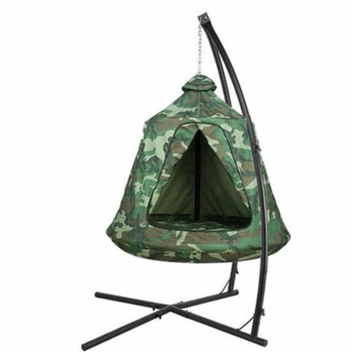 Fotoliu suspendat cu suport Corenia QRE-2080631, material 600D Oxford rezistent la apa si UV, cadru din otel vopsit, LED 3m inclus, camuflaj, inaltime 212 cm, capacitate 150 kg