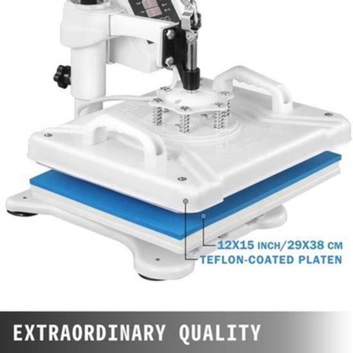 Presa termica 5-in-1 Corenia QRE-2080317, platou 30 x 38 cm (12x15"), 1250 W, temperatura 0–232°C, include cap presa pentru sapca, presa pentru cana O12,7 cm, presa pentru pantof, teflonata, alb