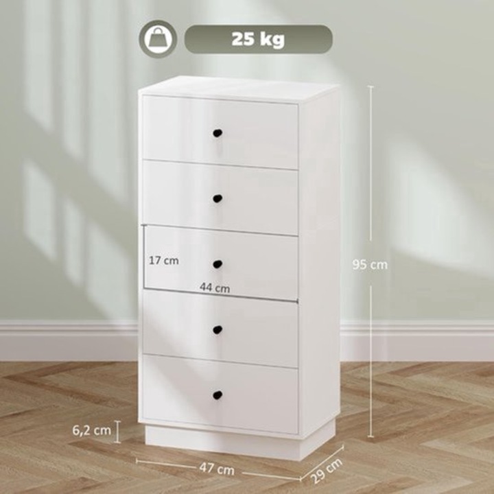 Comoda cu 5 sertare Corenia QRE-2081259, din material lemnos, design compact, alb, 47 x 29 x 95 cm