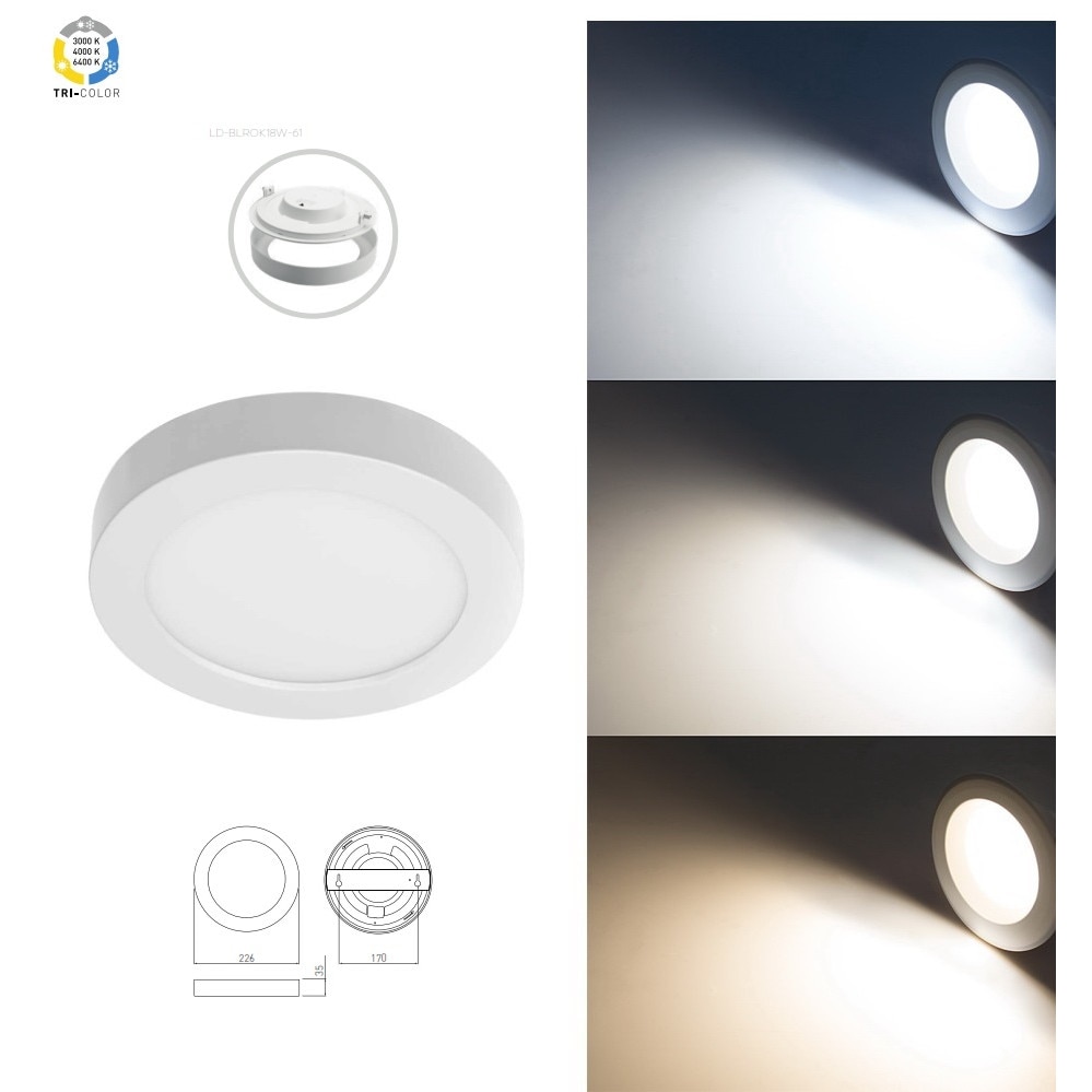 Spot LED BOLERO, 18W, 1600lm, AC175-250V, 50/60 Hz, PF>0,5, RA>80, IP40, unghi 120°, 6 in 1, 3000K/4000K/6400K, incastrat/aparent, rotund, alb