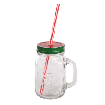 Borcan cu capac si pai Watermelon, sticla, transparent, 480 ml Borcan cu capac si pai Watermelon, sticla, transparent, 480 ml