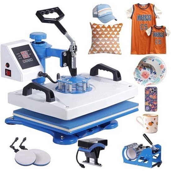 Presa termica 5-in-1 Corenia QRE-4523897, 12x15 inch (30x38 cm), incalzire dubla cu tub, brat rotativ 360°, afisaj LCD, placa Teflon, 1250W, alb